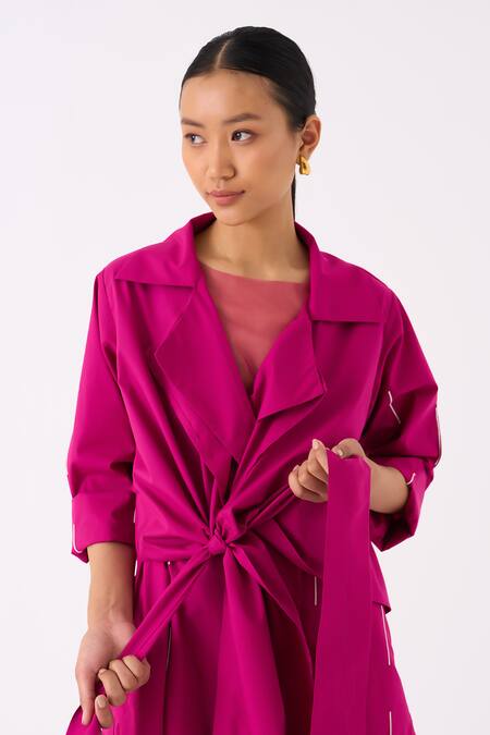 Three_Fuchsia Jacket Poplin Embroidered Thread Lapel Collar And Pant Set _at_Aza_Fashions