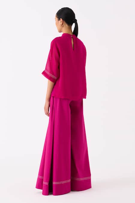 Shop Three Pink Poplin Embroidery Stitchline Work Wide Legged Palazzo at Aza Fashions Shop_Three_Pink Poplin Embroidery Stitchline Work Wide Legged Palazzo _at_Aza_Fashions