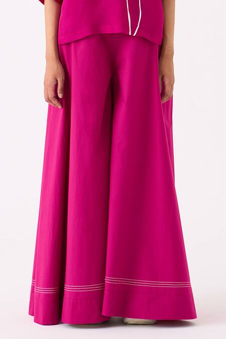 Three Pink Poplin Embroidery Stitchline Work Wide Legged Palazzo Online at Aza Fashions Three_Pink Poplin Embroidery Stitchline Work Wide Legged Palazzo _Online_at_Aza_Fashions