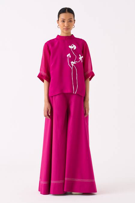 Buy Three Pink Poplin Embroidery Stitchline Work Wide Legged Palazzo Online at Aza Fashions Buy_Three_Pink Poplin Embroidery Stitchline Work Wide Legged Palazzo _Online_at_Aza_Fashions