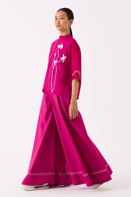 Shop Three Pink Poplin Embroidery Stitchline Work Wide Legged Palazzo Online at Aza Fashions Shop_Three_Pink Poplin Embroidery Stitchline Work Wide Legged Palazzo _Online_at_Aza_Fashions