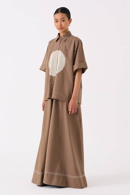 Shop Three Grey Poplin Stitchwork Stitchline Work Border Wide Legged Palazzo Online at Aza Fashions Shop_Three_Grey Poplin Stitchwork Stitchline Work Border Wide Legged Palazzo _Online_at_Aza_Fashions