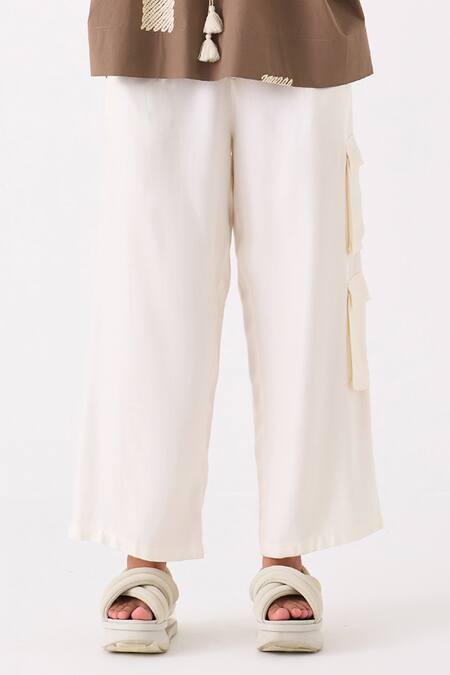 Three Ivory Tencel Knee Patch Pocket Cargo Pant Online at Aza Fashions Three_Ivory Tencel Knee Patch Pocket Cargo Pant _Online_at_Aza_Fashions