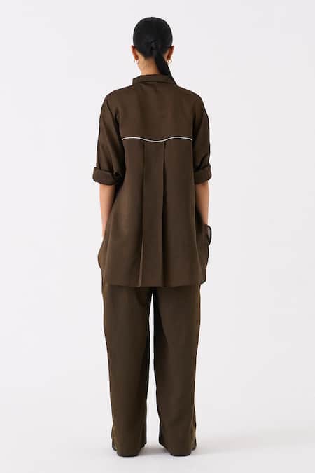 Shop Three Green Tencel Inverted Box Pleated Trouser at Aza Fashions Shop_Three_Green Tencel Inverted Box Pleated Trouser _at_Aza_Fashions