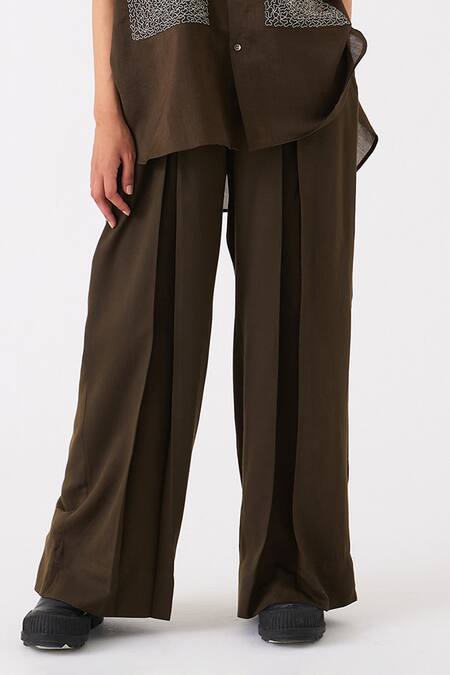 Three Green Tencel Inverted Box Pleated Trouser Online at Aza Fashions Three_Green Tencel Inverted Box Pleated Trouser _Online_at_Aza_Fashions