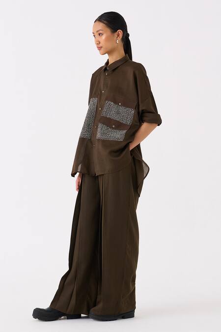 Three Green Tencel Inverted Box Pleated Trouser at Aza Fashions Three_Green Tencel Inverted Box Pleated Trouser _at_Aza_Fashions