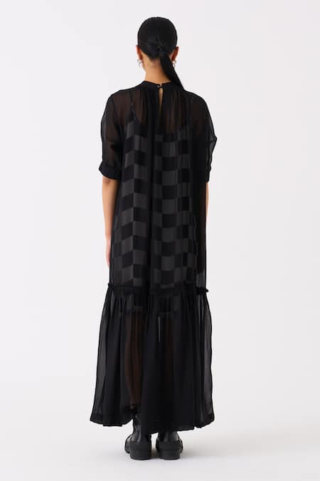 Three Black Organza Print Checkered High Neck Frilly Hem Sheer Dress With Slip Online at Aza Fashions Three_Black Organza Print Checkered High Neck Frilly Hem Sheer Dress With Slip _Online_at_Aza_Fashions