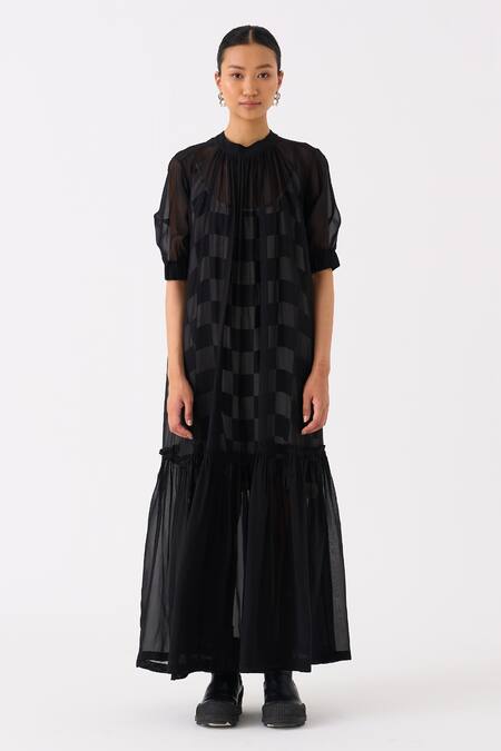 Buy Three Black Organza Print Checkered High Neck Frilly Hem Sheer Dress With Slip Online at Aza Fashions Buy_Three_Black Organza Print Checkered High Neck Frilly Hem Sheer Dress With Slip _Online_at_Aza_Fashions