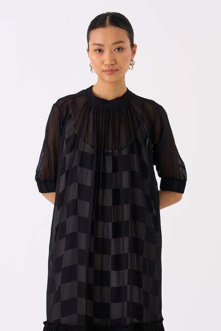 Shop Three Black Organza Print Checkered High Neck Frilly Hem Sheer Dress With Slip Online at Aza Fashions Shop_Three_Black Organza Print Checkered High Neck Frilly Hem Sheer Dress With Slip _Online_at_Aza_Fashions