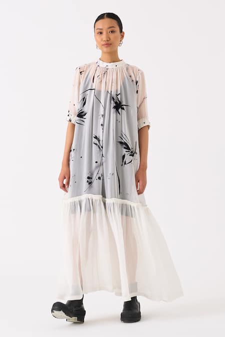 Shop Three Black Organza Print Lily High Neck Frilly Hem Sheer Dress With Slip at Aza Fashions Shop_Three_Black Organza Print Lily High Neck Frilly Hem Sheer Dress With Slip _at_Aza_Fashions