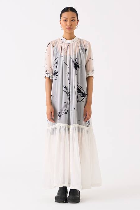 Three Black Organza Print Lily High Neck Frilly Hem Sheer Dress With Slip Online at Aza Fashions Three_Black Organza Print Lily High Neck Frilly Hem Sheer Dress With Slip _Online_at_Aza_Fashions