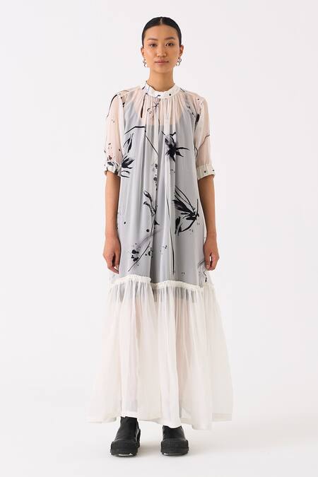 Buy Three Black Organza Print Lily High Neck Frilly Hem Sheer Dress With Slip Online at Aza Fashions Buy_Three_Black Organza Print Lily High Neck Frilly Hem Sheer Dress With Slip _Online_at_Aza_Fashions