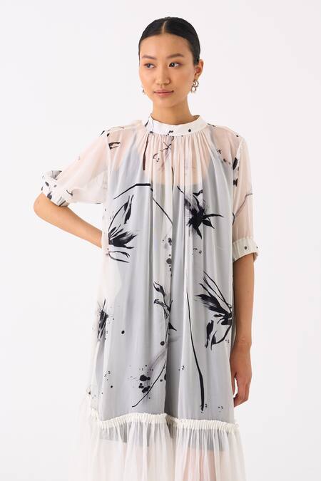 Shop Three Black Organza Print Lily High Neck Frilly Hem Sheer Dress With Slip Online at Aza Fashions Shop_Three_Black Organza Print Lily High Neck Frilly Hem Sheer Dress With Slip _Online_at_Aza_Fashions