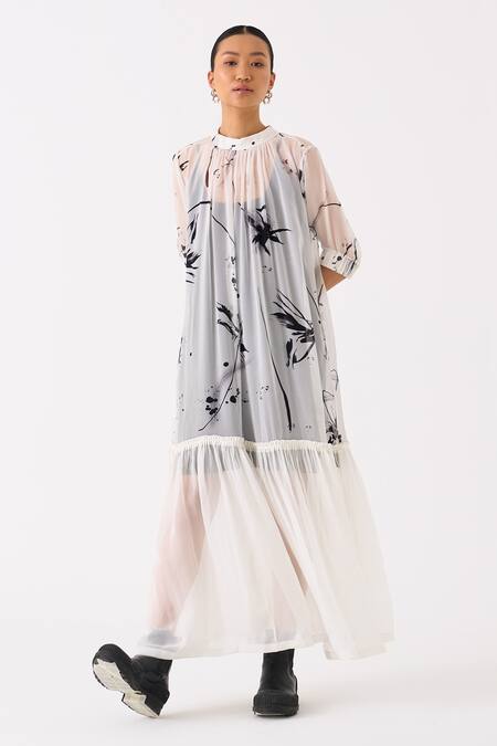 Three Black Organza Print Lily High Neck Frilly Hem Sheer Dress With Slip at Aza Fashions Three_Black Organza Print Lily High Neck Frilly Hem Sheer Dress With Slip _at_Aza_Fashions