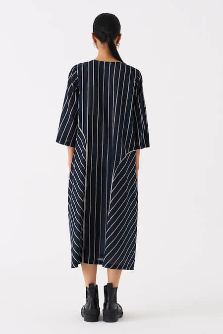 THREE_Black Mul Print Striped Round Neck Midi Dress _Online_at_Aza_Fashions