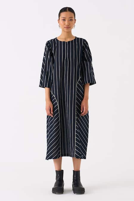 Buy_THREE_Black Mul Print Striped Round Neck Midi Dress _Online_at_Aza_Fashions