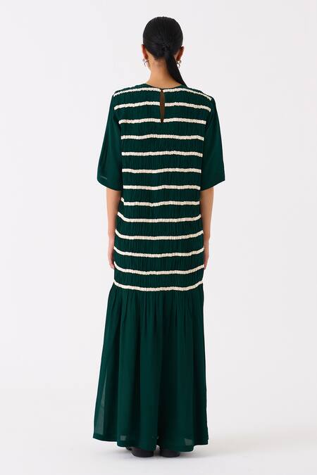 Shop Three Green Crepe Applique Tape Round Shirring Twill Embellished Smocked Maxi Dress at Aza Fashions Shop_Three_Green Crepe Applique Tape Round Shirring Twill Embellished Smocked Maxi Dress _at_Aza_Fashions