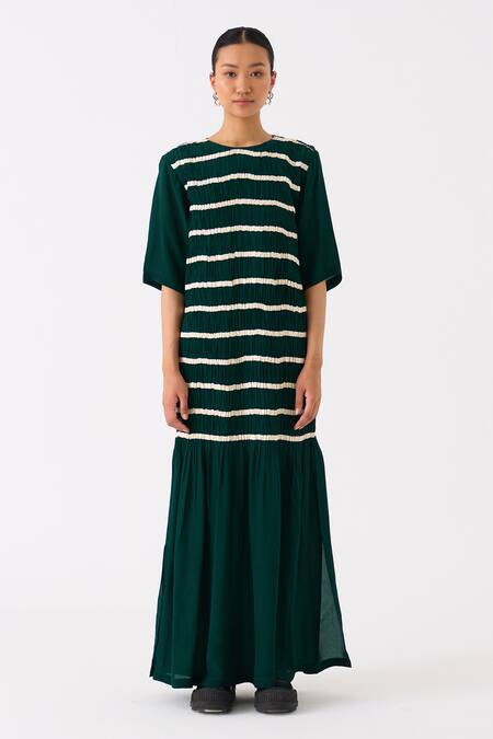 Three Green Crepe Applique Tape Round Shirring Twill Embellished Smocked Maxi Dress Online at Aza Fashions Three_Green Crepe Applique Tape Round Shirring Twill Embellished Smocked Maxi Dress _Online_at_Aza_Fashions