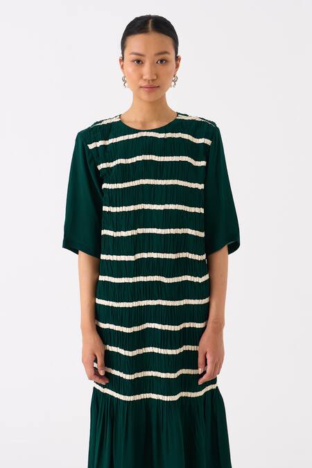 Buy Three Green Crepe Applique Tape Round Shirring Twill Embellished Smocked Maxi Dress Online at Aza Fashions Buy_Three_Green Crepe Applique Tape Round Shirring Twill Embellished Smocked Maxi Dress _Online_at_Aza_Fashions