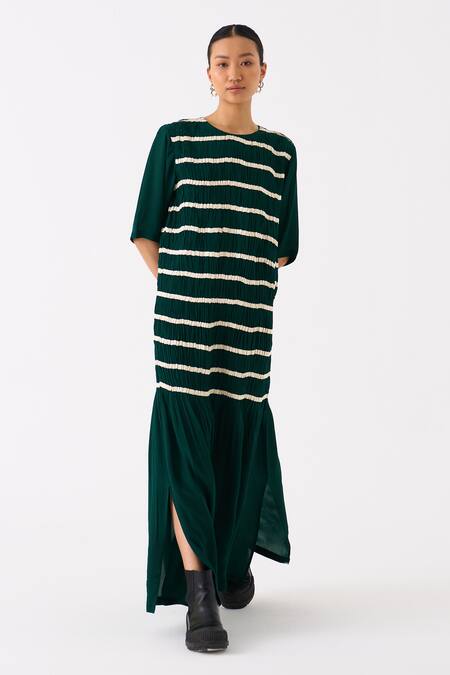 Shop Three Green Crepe Applique Tape Round Shirring Twill Embellished Smocked Maxi Dress Online at Aza Fashions Shop_Three_Green Crepe Applique Tape Round Shirring Twill Embellished Smocked Maxi Dress _Online_at_Aza_Fashions