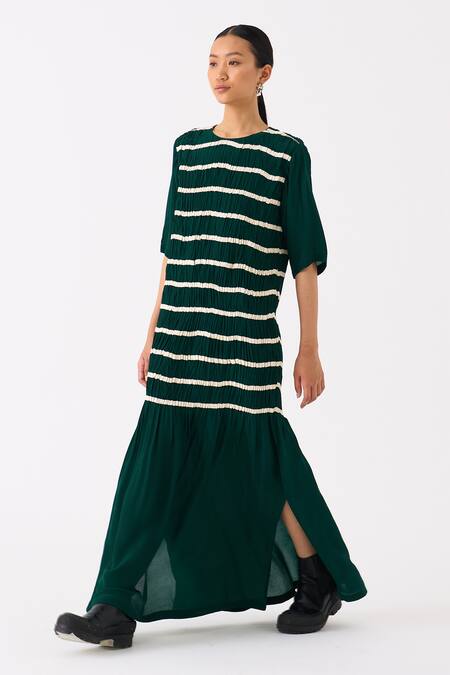 Three Green Crepe Applique Tape Round Shirring Twill Embellished Smocked Maxi Dress at Aza Fashions Three_Green Crepe Applique Tape Round Shirring Twill Embellished Smocked Maxi Dress _at_Aza_Fashions