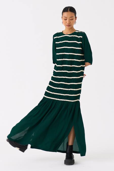 Buy Three Green Crepe Applique Tape Round Shirring Twill Embellished Smocked Maxi Dress Buy_Three_Green Crepe Applique Tape Round Shirring Twill Embellished Smocked Maxi Dress