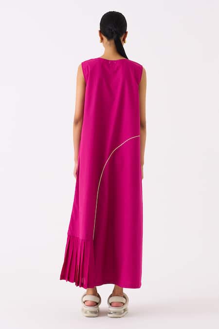 Three Pink Poplin (crepe Pleats) Embroidery Raindrop V Neck Frill Hem Dress Online at Aza Fashions Three_Pink Poplin (crepe Pleats) Embroidery Raindrop V Neck Frill Hem Dress _Online_at_Aza_Fashions