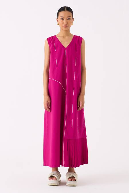 Buy Three Pink Poplin (crepe Pleats) Embroidery Raindrop V Neck Frill Hem Dress Online at Aza Fashions Buy_Three_Pink Poplin (crepe Pleats) Embroidery Raindrop V Neck Frill Hem Dress _Online_at_Aza_Fashions