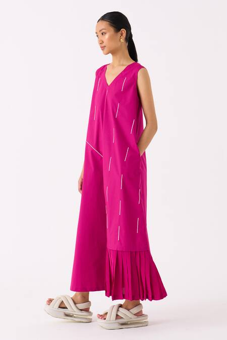 Shop Three Pink Poplin (crepe Pleats) Embroidery Raindrop V Neck Frill Hem Dress Online at Aza Fashions Shop_Three_Pink Poplin (crepe Pleats) Embroidery Raindrop V Neck Frill Hem Dress _Online_at_Aza_Fashions
