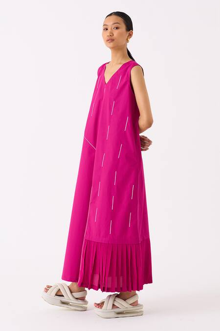 Three Pink Poplin (crepe Pleats) Embroidery Raindrop V Neck Frill Hem Dress at Aza Fashions Three_Pink Poplin (crepe Pleats) Embroidery Raindrop V Neck Frill Hem Dress _at_Aza_Fashions