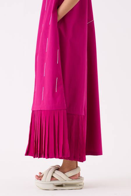 Buy Three Pink Poplin (crepe Pleats) Embroidery Raindrop V Neck Frill Hem Dress Buy_Three_Pink Poplin (crepe Pleats) Embroidery Raindrop V Neck Frill Hem Dress