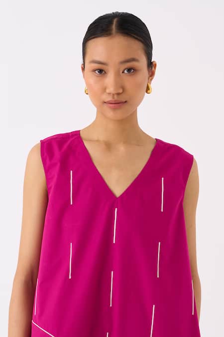 Shop Three Pink Poplin (crepe Pleats) Embroidery Raindrop V Neck Frill Hem Dress Shop_Three_Pink Poplin (crepe Pleats) Embroidery Raindrop V Neck Frill Hem Dress