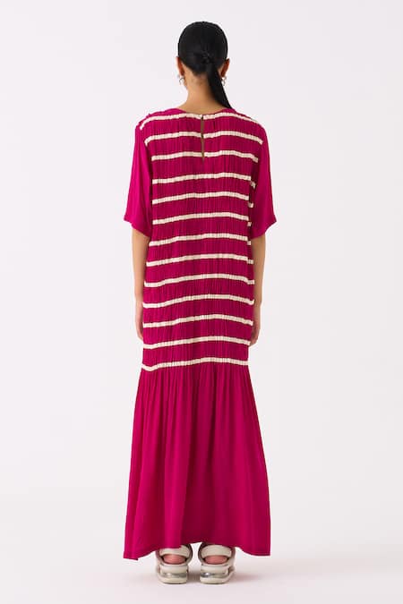 Three Pink Crepe Applique Tape Round Neck Shirring Twill Embellished Smocked Dress Online at Aza Fashions Three_Pink Crepe Applique Tape Round Neck Shirring Twill Embellished Smocked Dress _Online_at_Aza_Fashions