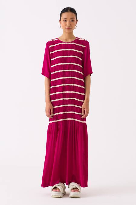 Buy Three Pink Crepe Applique Tape Round Neck Shirring Twill Embellished Smocked Dress Online at Aza Fashions Buy_Three_Pink Crepe Applique Tape Round Neck Shirring Twill Embellished Smocked Dress _Online_at_Aza_Fashions