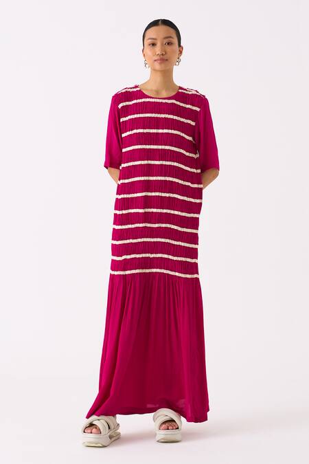 Shop Three Pink Crepe Applique Tape Round Neck Shirring Twill Embellished Smocked Dress Online at Aza Fashions Shop_Three_Pink Crepe Applique Tape Round Neck Shirring Twill Embellished Smocked Dress _Online_at_Aza_Fashions