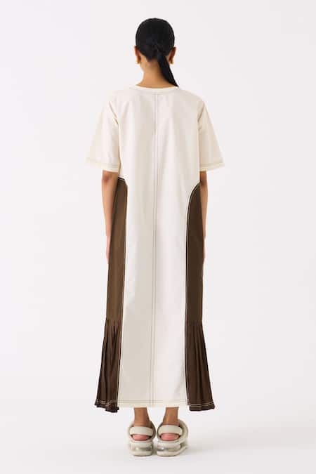 Shop Three Ivory Poplin Embroidery Bloom Round Neck Frilly Side Pleated Maxi Dress at Aza Fashions Shop_Three_Ivory Poplin Embroidery Bloom Round Neck Frilly Side Pleated Maxi Dress _at_Aza_Fashions