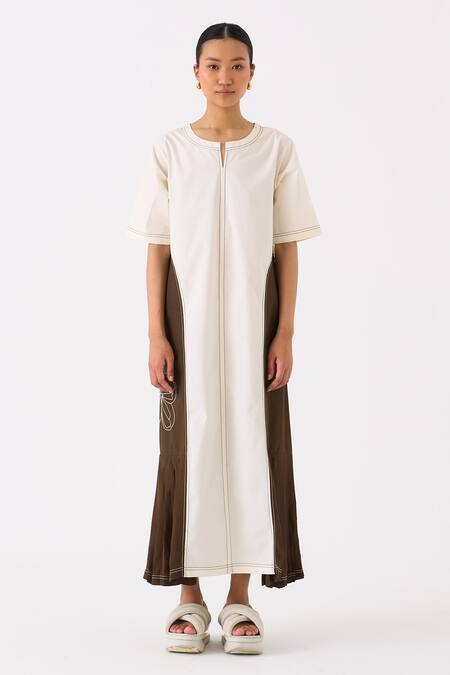 Three Ivory Poplin Embroidery Bloom Round Neck Frilly Side Pleated Maxi Dress Online at Aza Fashions Three_Ivory Poplin Embroidery Bloom Round Neck Frilly Side Pleated Maxi Dress _Online_at_Aza_Fashions