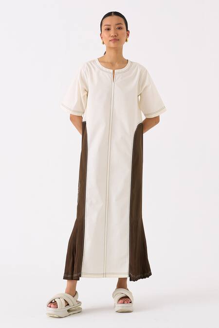 Buy Three Ivory Poplin Embroidery Bloom Round Neck Frilly Side Pleated Maxi Dress Online at Aza Fashions Buy_Three_Ivory Poplin Embroidery Bloom Round Neck Frilly Side Pleated Maxi Dress _Online_at_Aza_Fashions