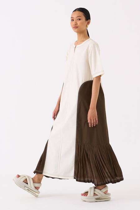 Shop Three Ivory Poplin Embroidery Bloom Round Neck Frilly Side Pleated Maxi Dress Online at Aza Fashions Shop_Three_Ivory Poplin Embroidery Bloom Round Neck Frilly Side Pleated Maxi Dress _Online_at_Aza_Fashions