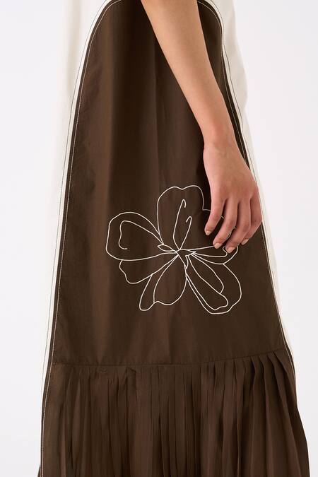 Three Ivory Poplin Embroidery Bloom Round Neck Frilly Side Pleated Maxi Dress at Aza Fashions Three_Ivory Poplin Embroidery Bloom Round Neck Frilly Side Pleated Maxi Dress _at_Aza_Fashions