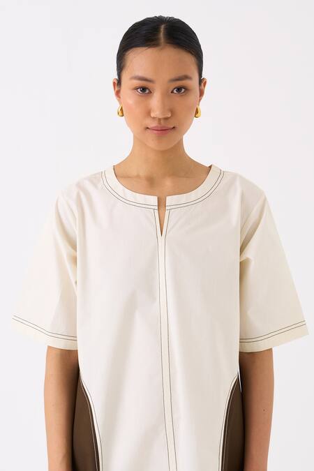 Buy Three Ivory Poplin Embroidery Bloom Round Neck Frilly Side Pleated Maxi Dress Buy_Three_Ivory Poplin Embroidery Bloom Round Neck Frilly Side Pleated Maxi Dress