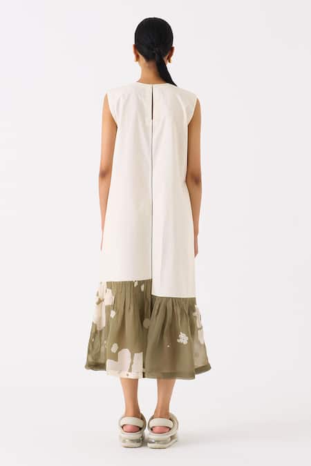 Shop Three Ivory Poplin Applique Floral Round Neck Gathered Flare Midi Dress at Aza Fashions Shop_Three_Ivory Poplin Applique Floral Round Neck Gathered Flare Midi Dress _at_Aza_Fashions