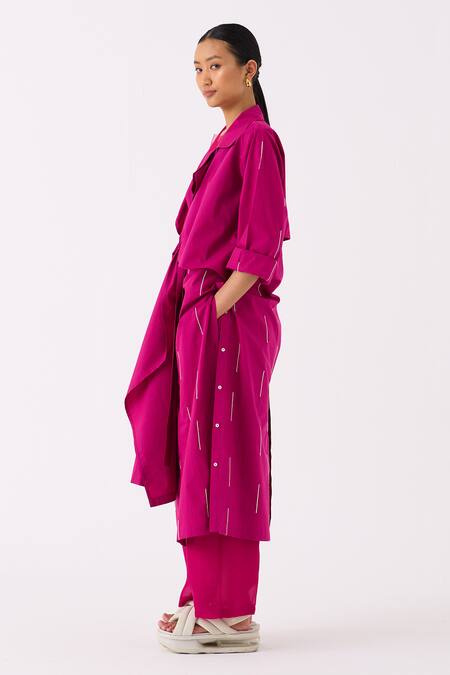 Buy Three Pink Poplin Embroidery Raindrop Cuban Collar Front Tie Up Crop Jacket Online at Aza Fashions Buy_Three_Pink Poplin Embroidery Raindrop Cuban Collar Front Tie Up Crop Jacket _Online_at_Aza_Fashions
