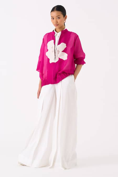 THREE Pink Organza Applique Blossom Mandarin Collar Bomber Jacket 