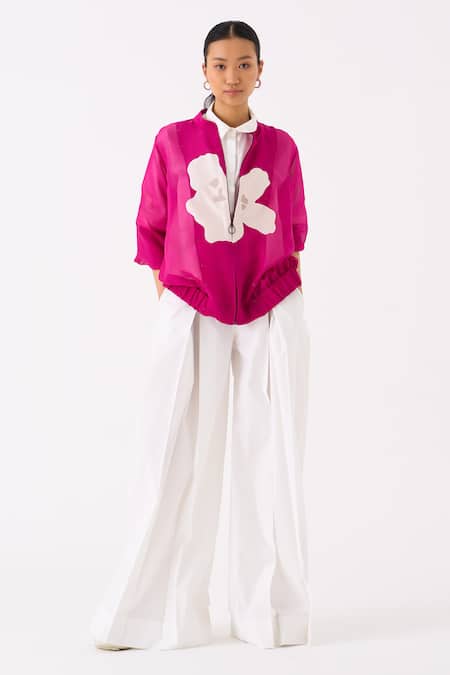 Shop Three Pink Organza Applique Blossom Mandarin Collar Bomber Jacket at Aza Fashions Shop_Three_Pink Organza Applique Blossom Mandarin Collar Bomber Jacket _at_Aza_Fashions