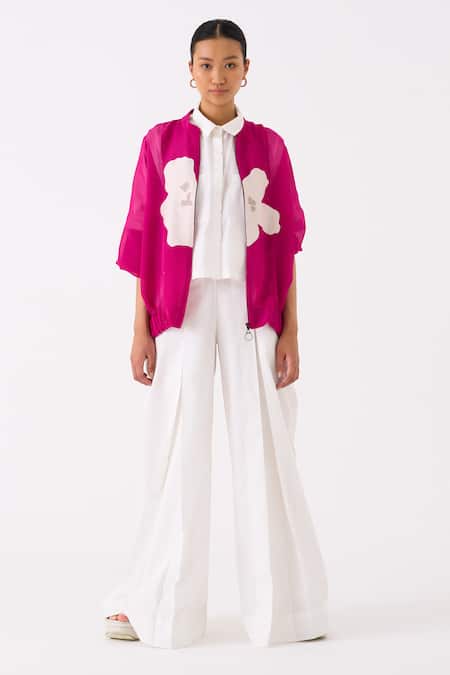 Buy Three Pink Organza Applique Blossom Mandarin Collar Bomber Jacket Online at Aza Fashions Buy_Three_Pink Organza Applique Blossom Mandarin Collar Bomber Jacket _Online_at_Aza_Fashions