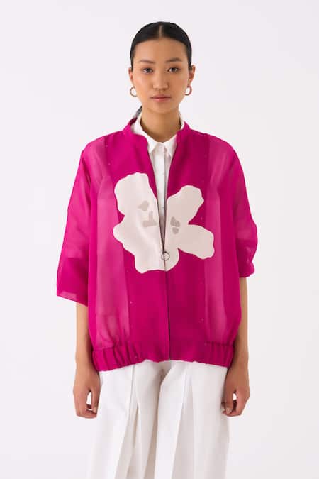 Three Pink Organza Applique Blossom Mandarin Collar Bomber Jacket at Aza Fashions Three_Pink Organza Applique Blossom Mandarin Collar Bomber Jacket _at_Aza_Fashions