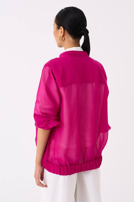 Buy Three Pink Organza Applique Blossom Mandarin Collar Bomber Jacket Buy_Three_Pink Organza Applique Blossom Mandarin Collar Bomber Jacket