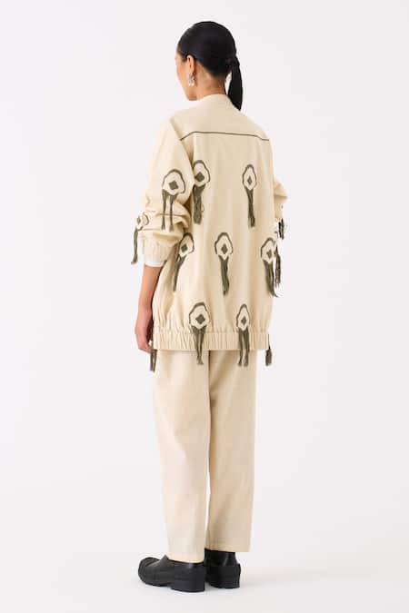 Shop_Three_Ivory Handloom Cotton Embroidery Fringe Mandarin Collar Bloom Bomber Jacket _at_Aza_Fashions