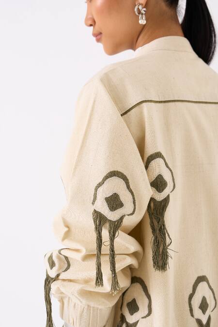 Buy_Three_Ivory Handloom Cotton Embroidery Fringe Mandarin Collar Bloom Bomber Jacket _Online_at_Aza_Fashions